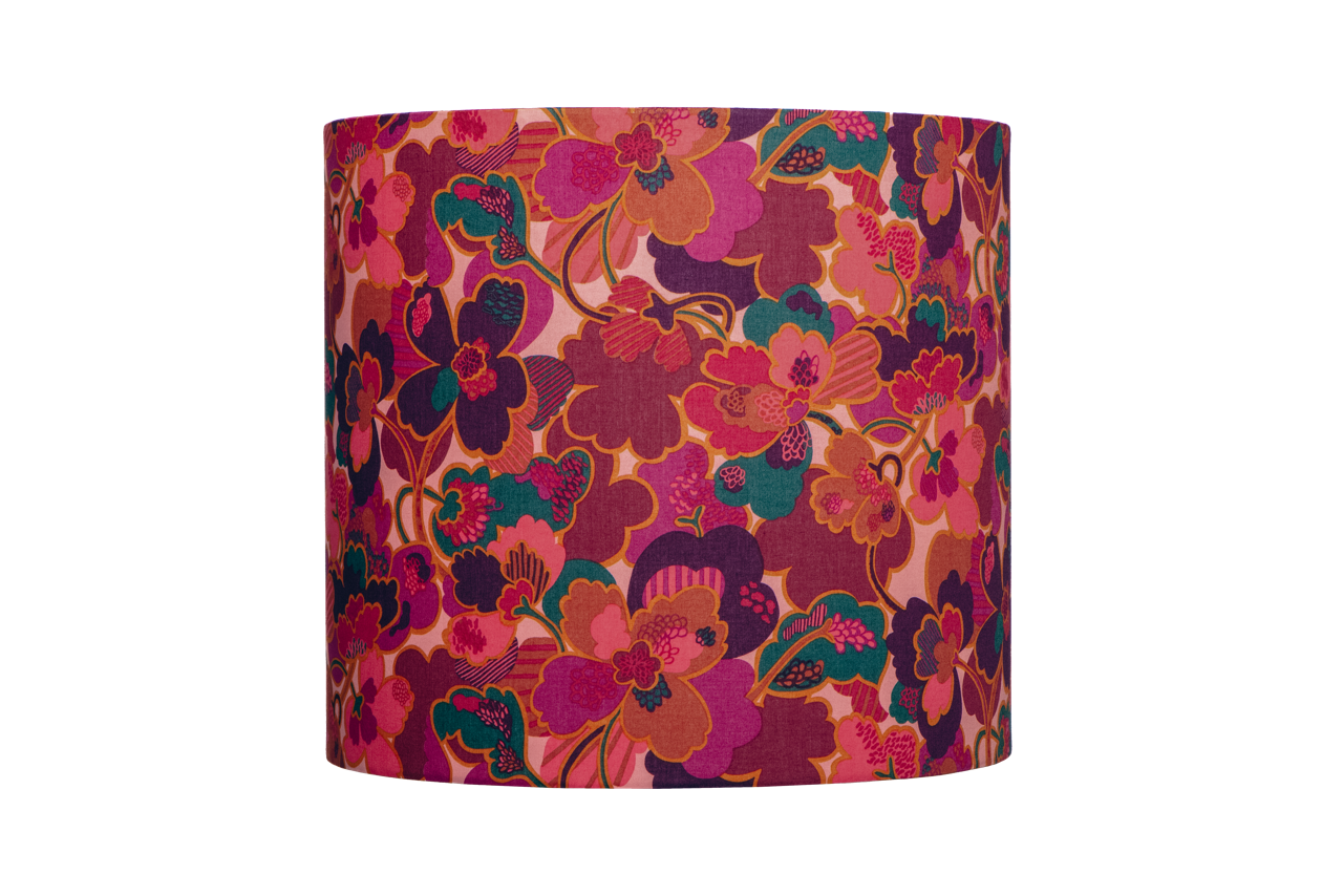 Handmade drum lampshade with Liberty Fabrics’ Prospect Flower print in pink, orange, and purple floral design.