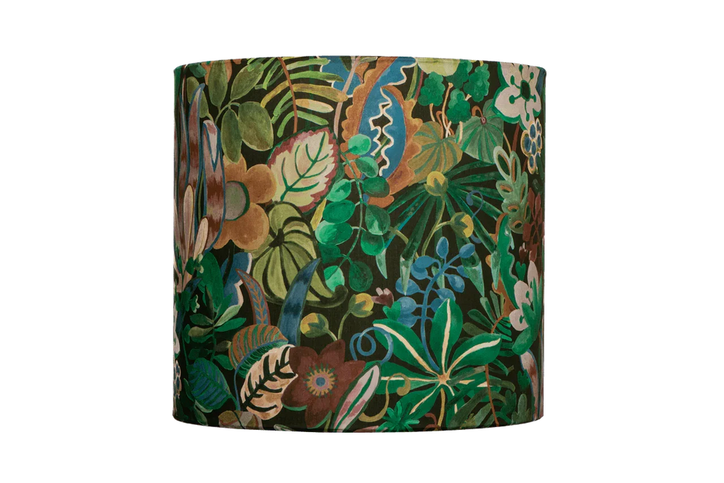 Handmade Tropical drum lampshade in Liberty Jungle Trip fabric, a vibrant botanical, floral with warm sunset tones