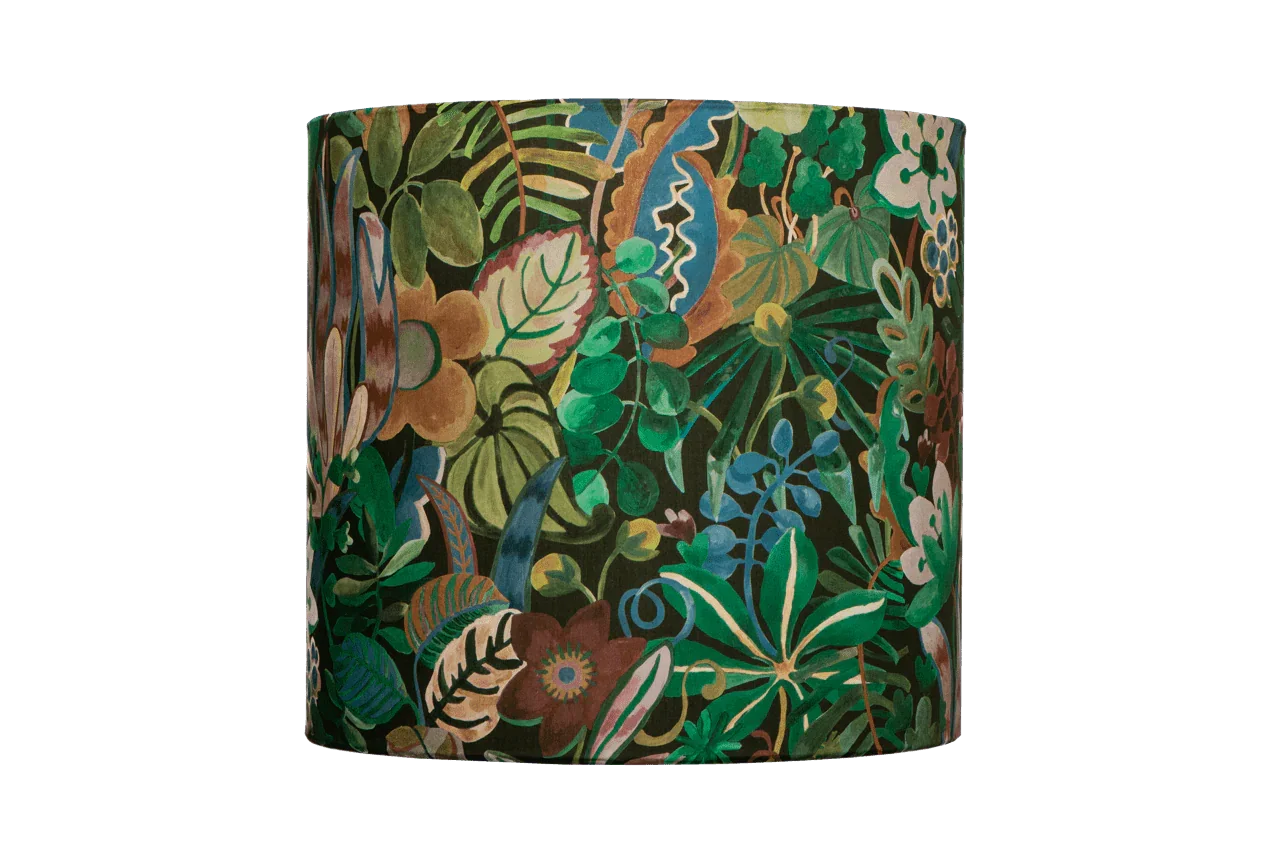 Handmade Tropical drum lampshade in Liberty Jungle Trip fabric, a vibrant botanical, floral with warm sunset tones