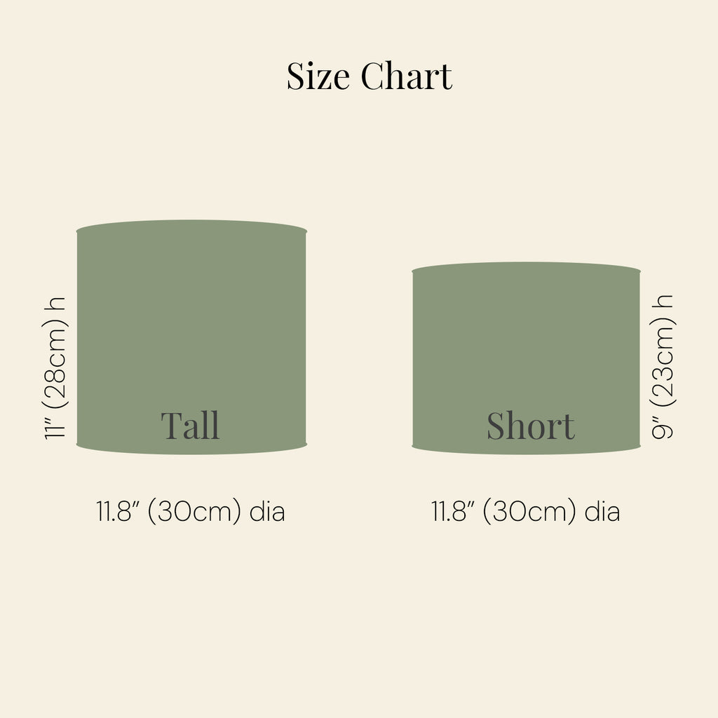 Size chart comparing tall and short Kikiwi drum lampshade with dimensions.
