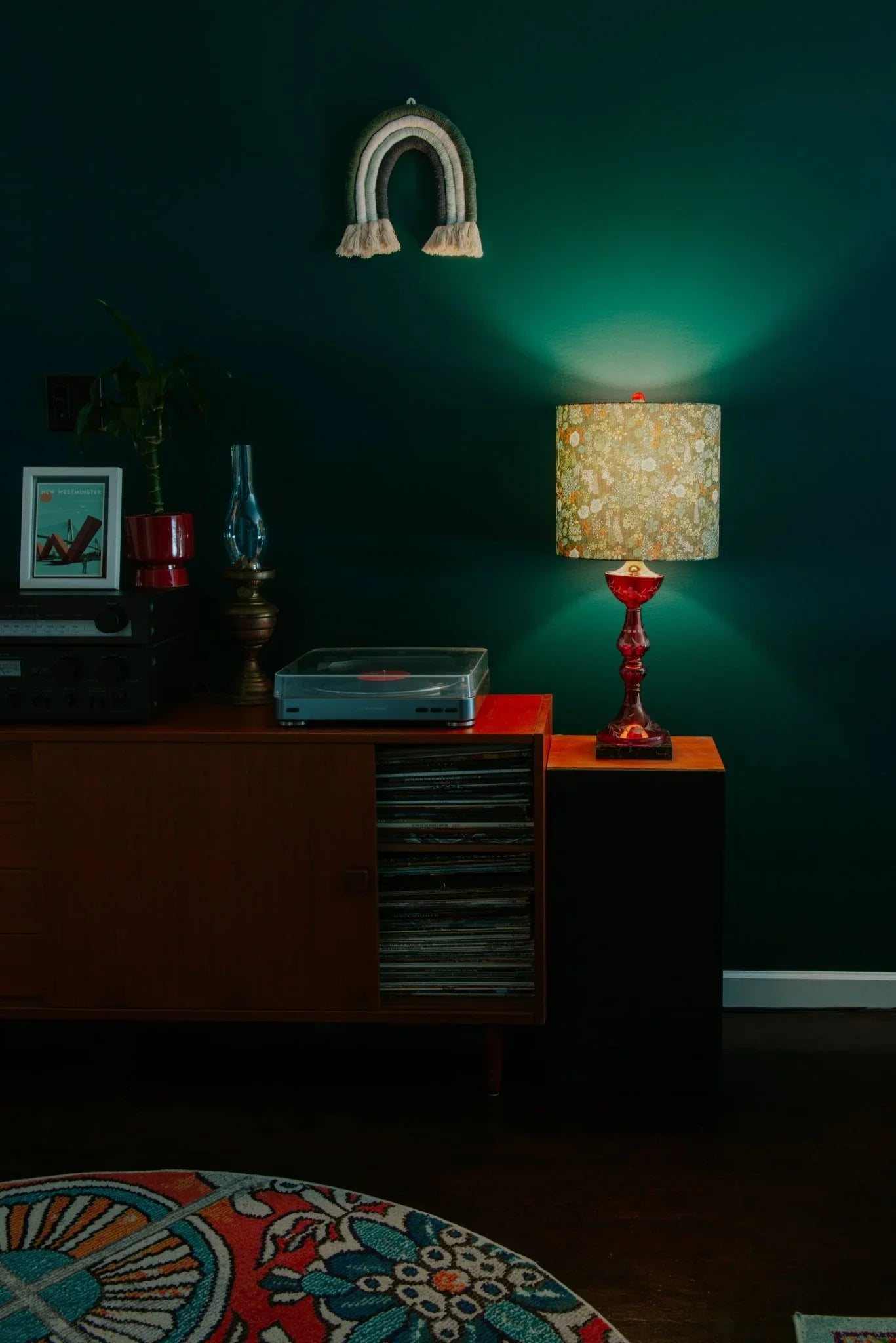 Handmade drum lampshade in Liberty Ciara Tana Lawn™ cotton, styled in a mid-century modern living room