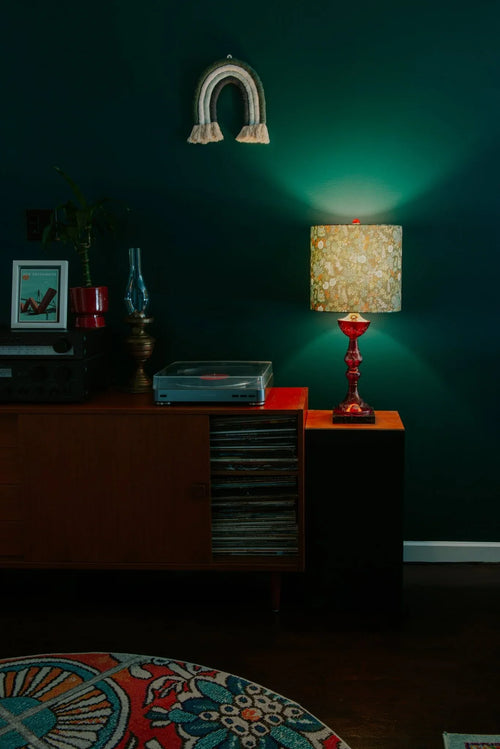 Handmade drum lampshade in Liberty Ciara Tana Lawn™ cotton, styled in a mid-century modern living room