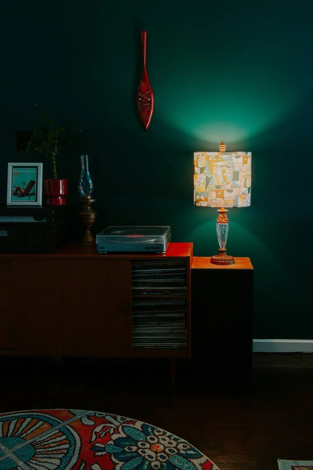 Handmade Daydreamer drum lampshade in Liberty Carnaby Cast cotton, styled in a mid-century modern living room