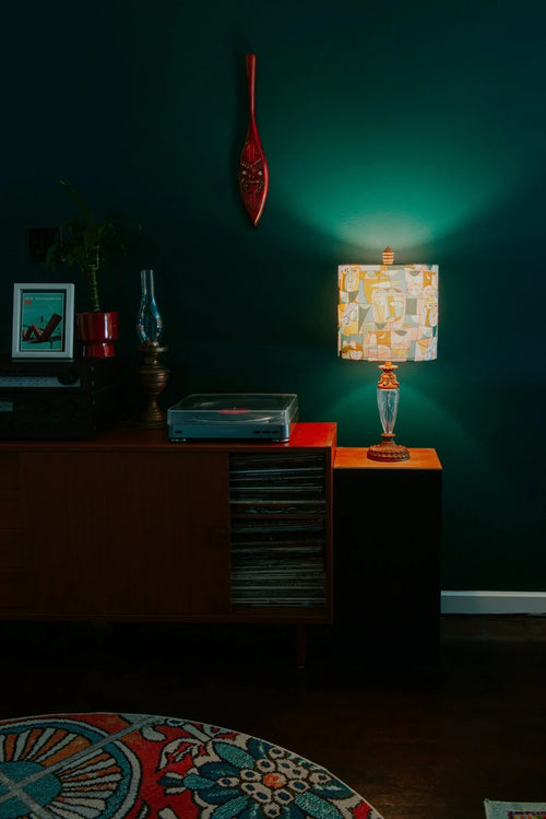 Handmade Daydreamer drum lampshade in Liberty Carnaby Cast cotton, styled in a mid-century modern living room