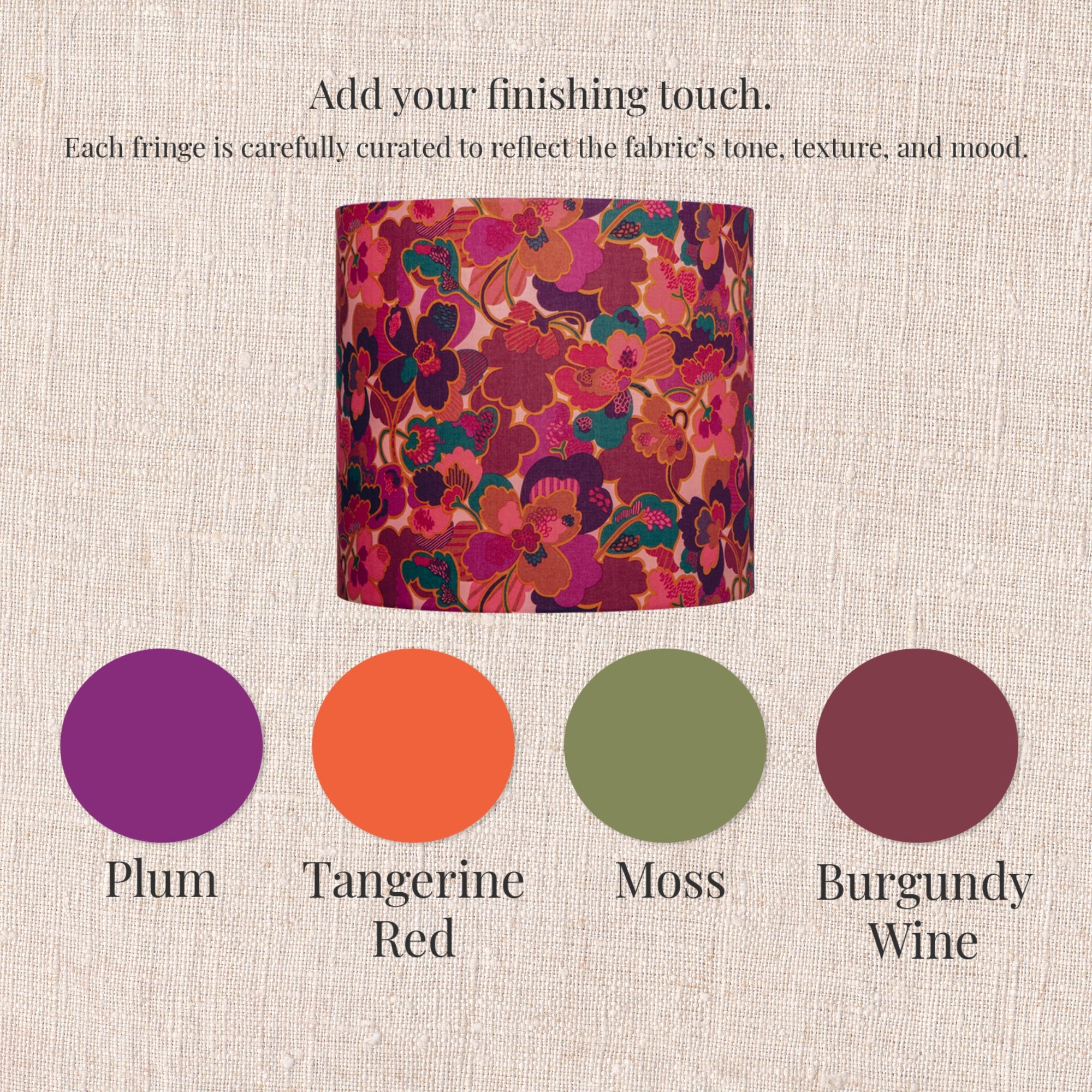 Floral drum lampshade with color swatches labeled Plum, Tangerine Red, Moss, and Burgundy Wine