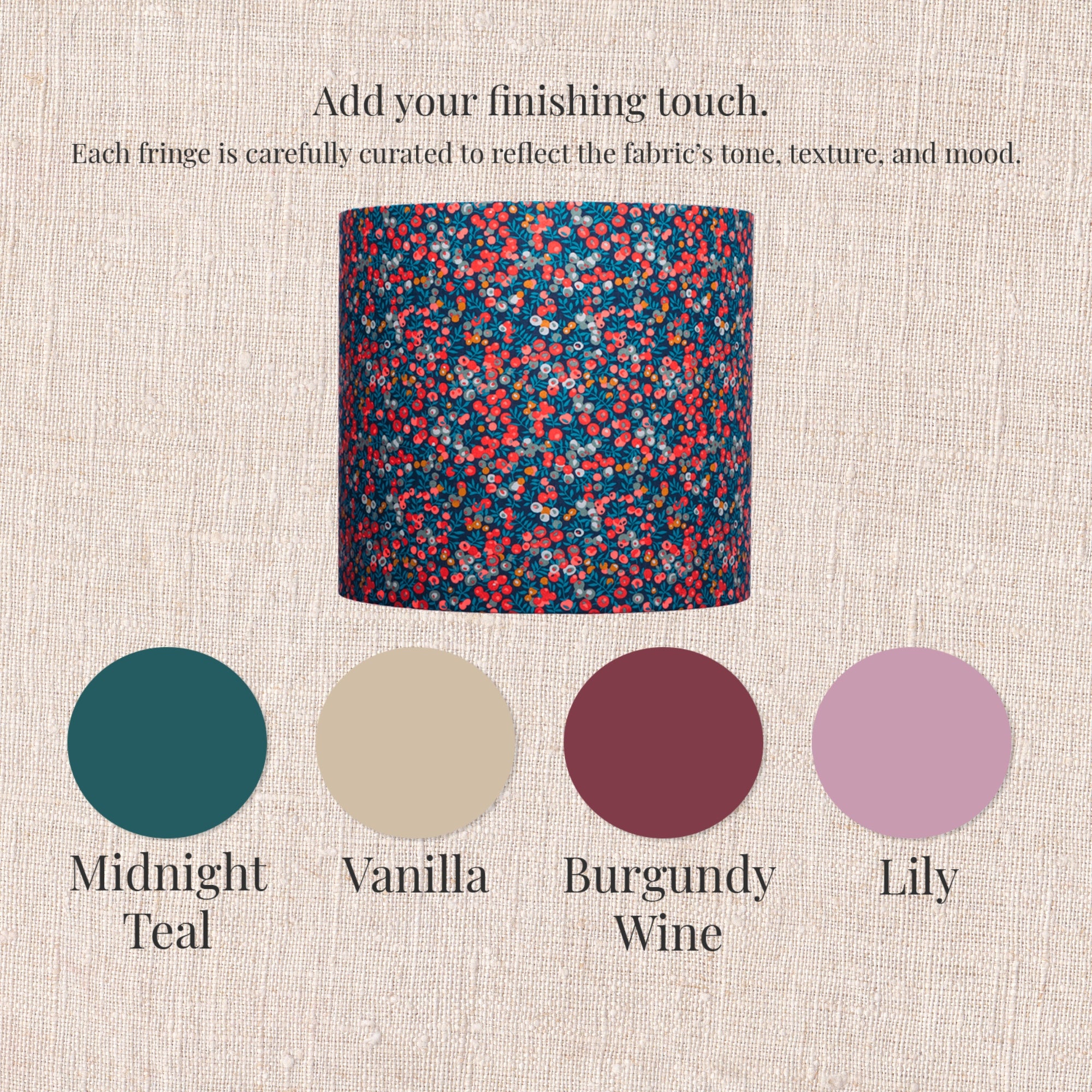 Floral drum lampshade handmade with Liberty Wiltshire fabric and fringe color swatch options.