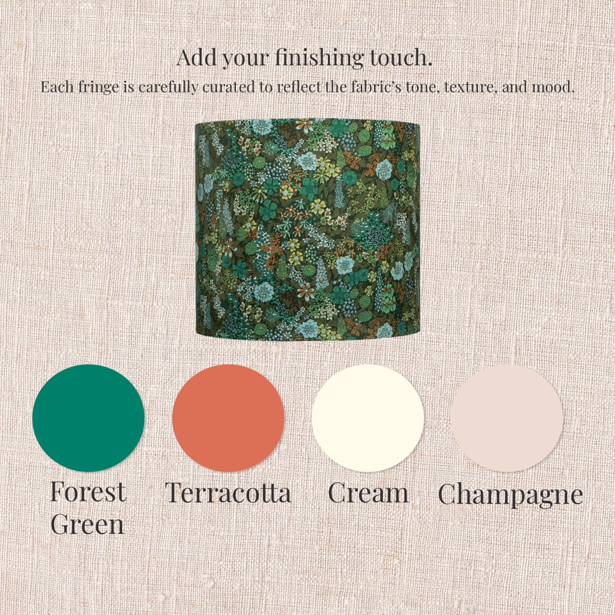 Floral drum lampshade with color swatches labeled forest green, terracotta, cream, and champagne