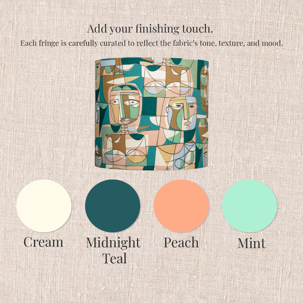 Handmade daydreamer abstract drum lampshade with fabric swatches showing fringe color options.