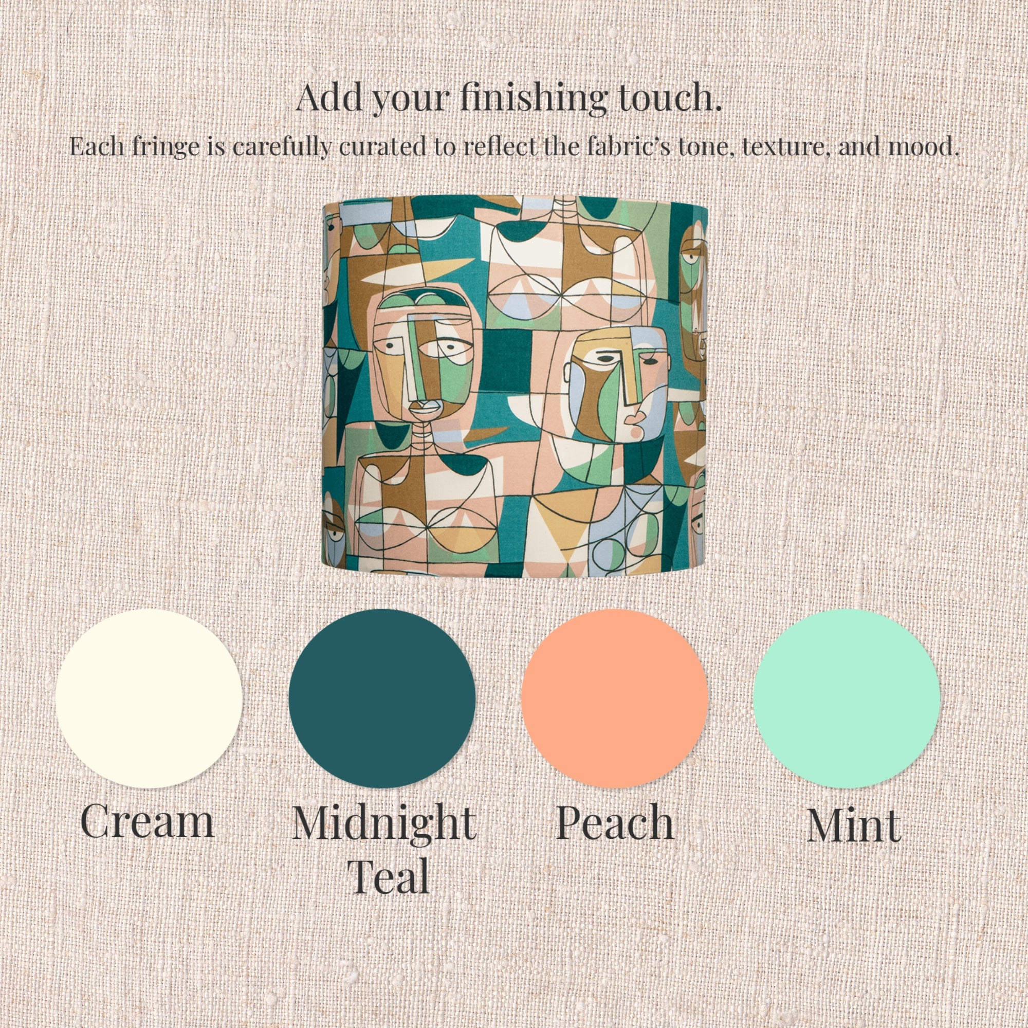 Handmade daydreamer abstract drum lampshade with fabric swatches showing fringe color options.