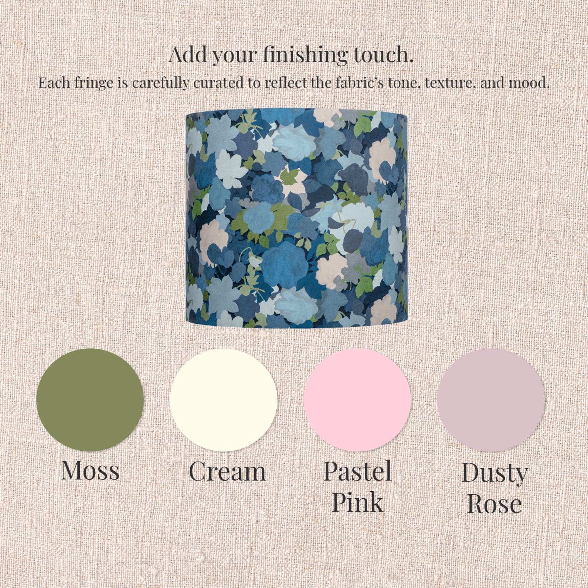 Floral drum lampshade handmade with Liberty Little Merton gouache-style fabric and fringe color swatch options.
