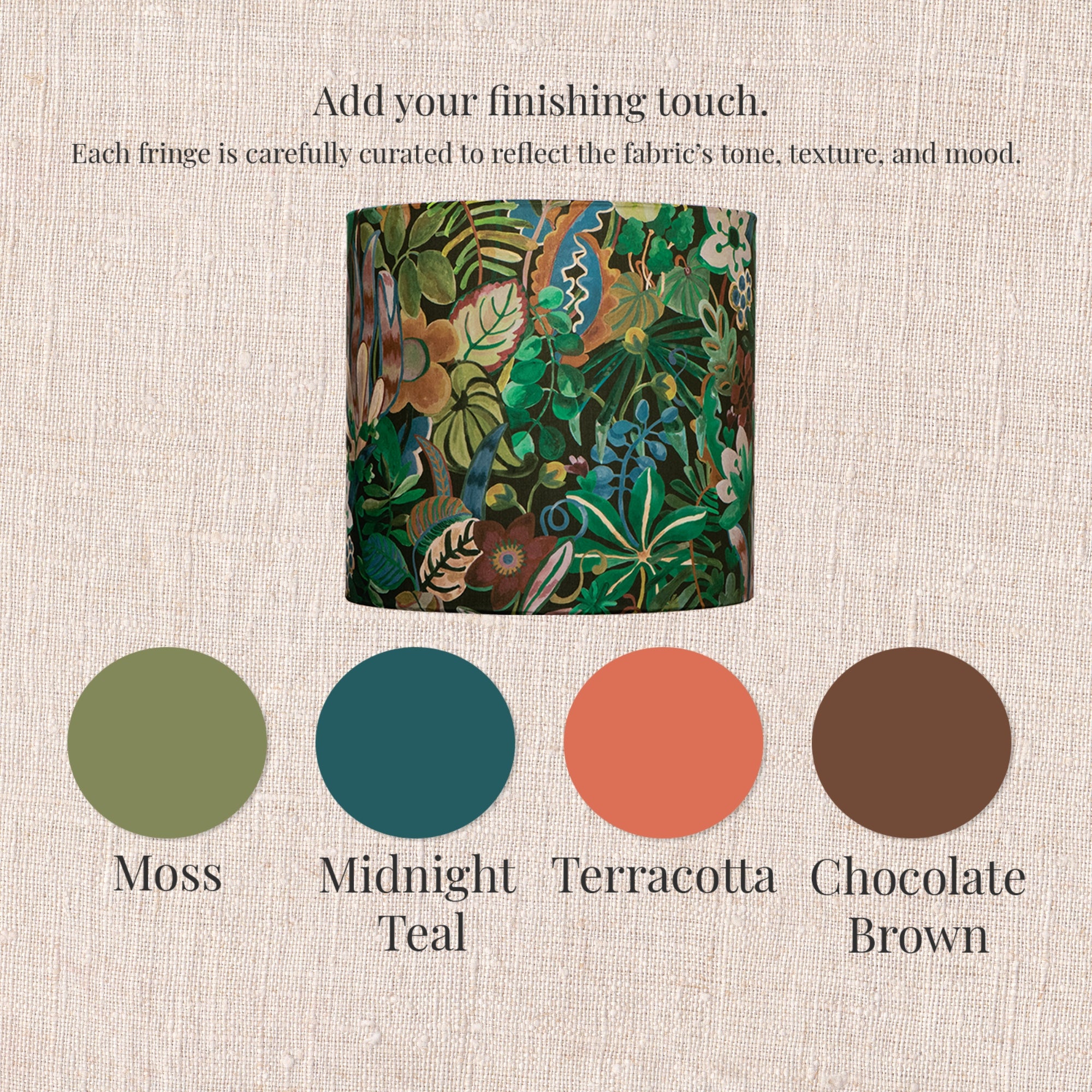 Handmade tropical floral drum lampshade with fabric swatches showing fringe color options.