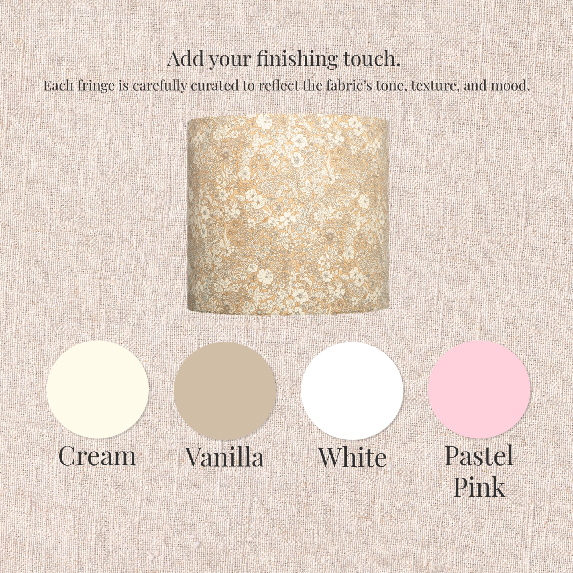 Floral drum lampshade handmade with iconic Liberty fabric and fringe color swatch options.