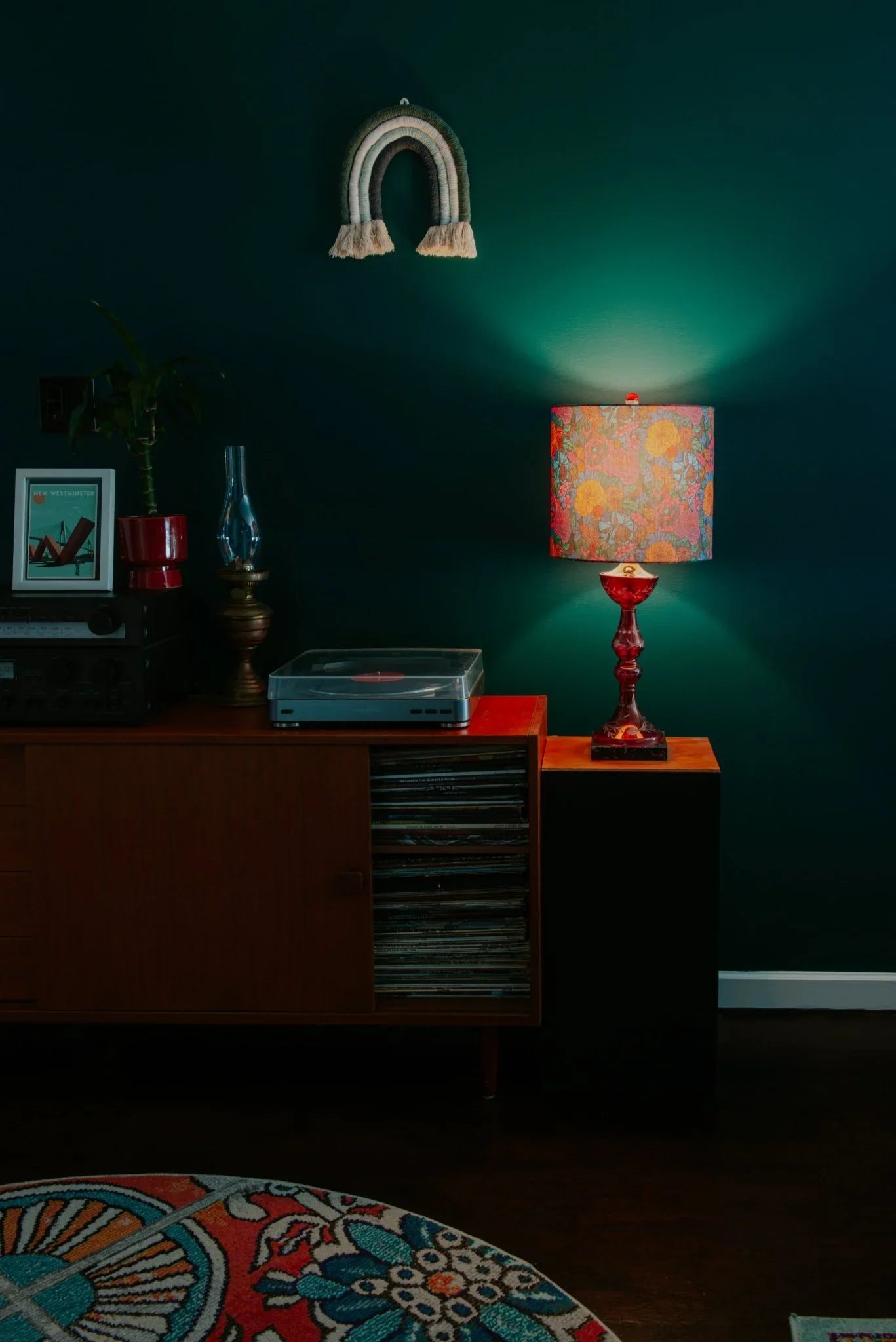Mid-century modern living room with Kikiwi’s Sakura drum lampshade in Liberty Heritage Garden floral cotton