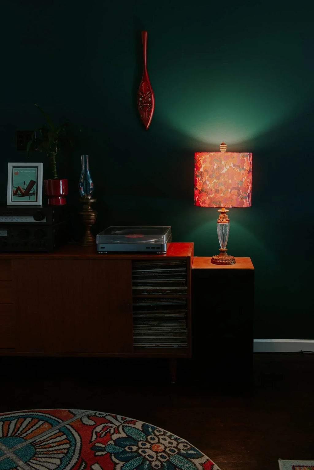 Liberty Prospect Flower drum lampshade in golden yellow and coral, styled with mid-century modern furniture.