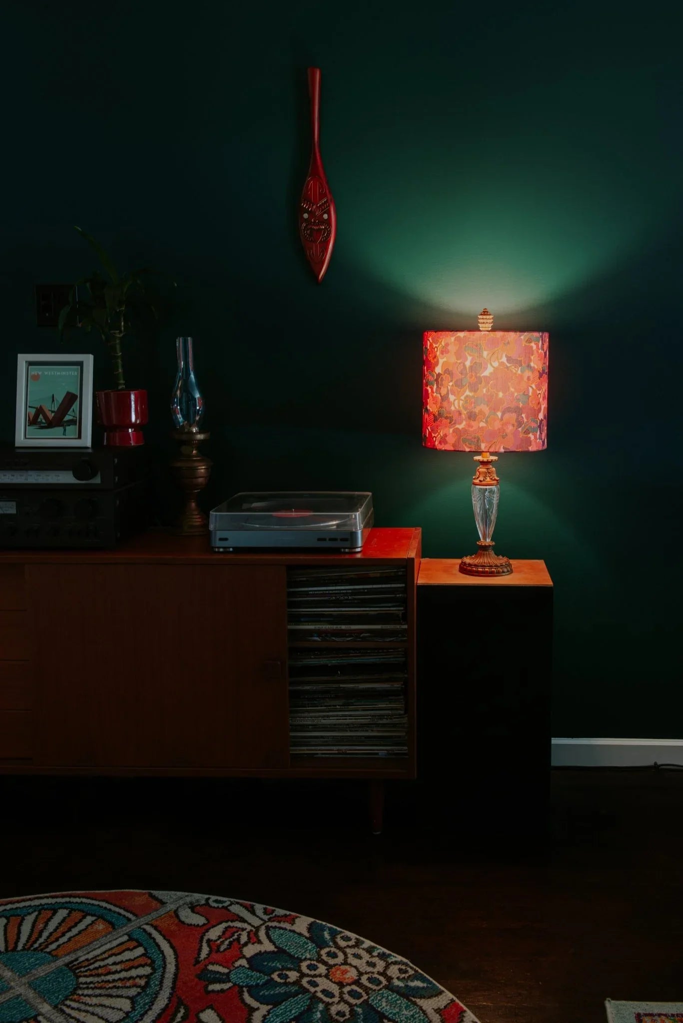 Liberty Prospect Flower drum lampshade in golden yellow and coral, styled with mid-century modern furniture.