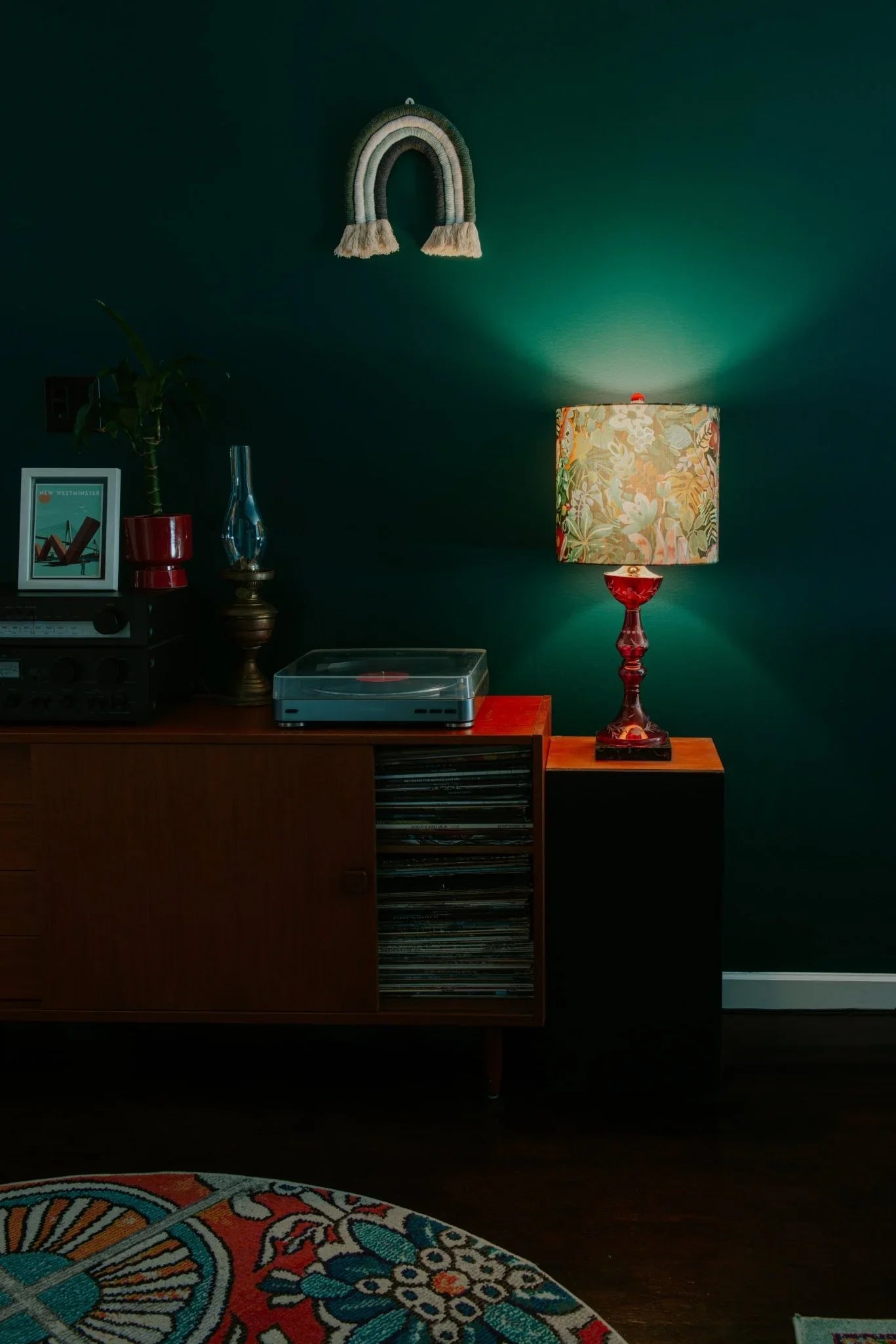 Tropical floral drum lampshade in Liberty Jungle Trip cotton, with mid-century furniture and leafy green plant