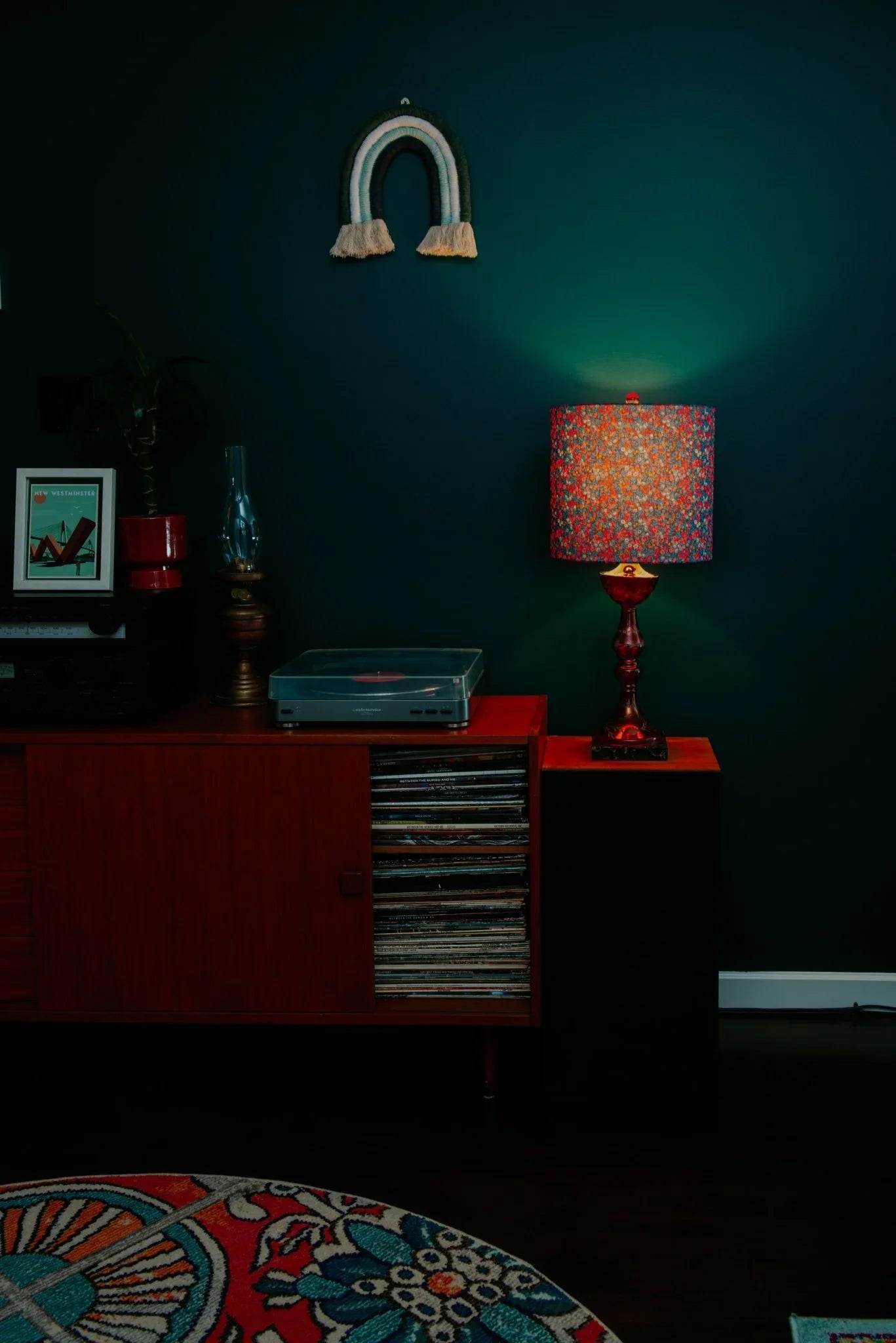 Liberty Wiltshire Wildberry drum lampshade in a cozy mid-century modern room with vintage British charm.